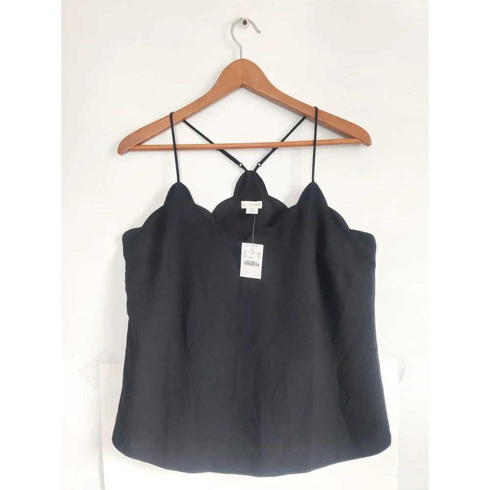 New J. Crew Camisole Top 8 Scalloped Cami Spaghetti‎ Strap Racerback Black NWT